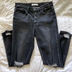 Mid-rise ankle skinny KanCans from The Buckle, distress on both knees and ankles